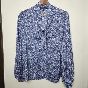 Banana Republic Blue Satin Floral Tie Neck Blouse Women's Size Large